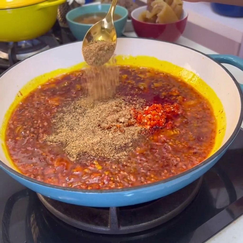Łyżeczka mielonych przypraw posypywana na bulgoczący czerwony sos chili na patelni.