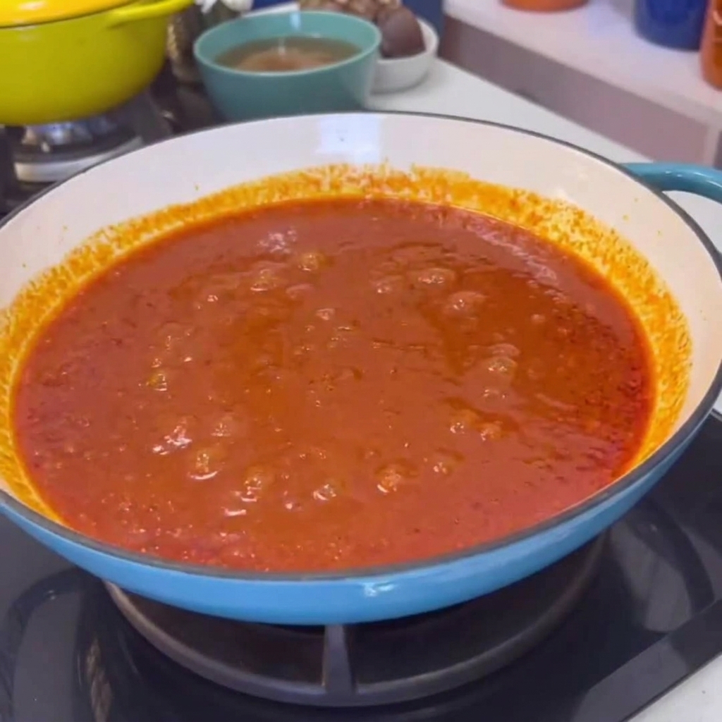 Duży talerz ugotowanej skóry wieprzowej wsypywany i mieszany z żywym czerwonym sosem chili w niebieskim garnku.