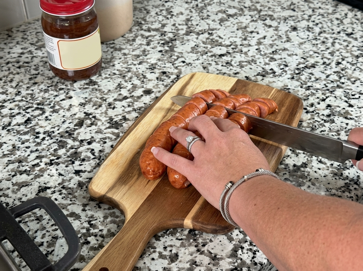 Plastry kiełbasy andouille krojone nożem na drewnianej desce.