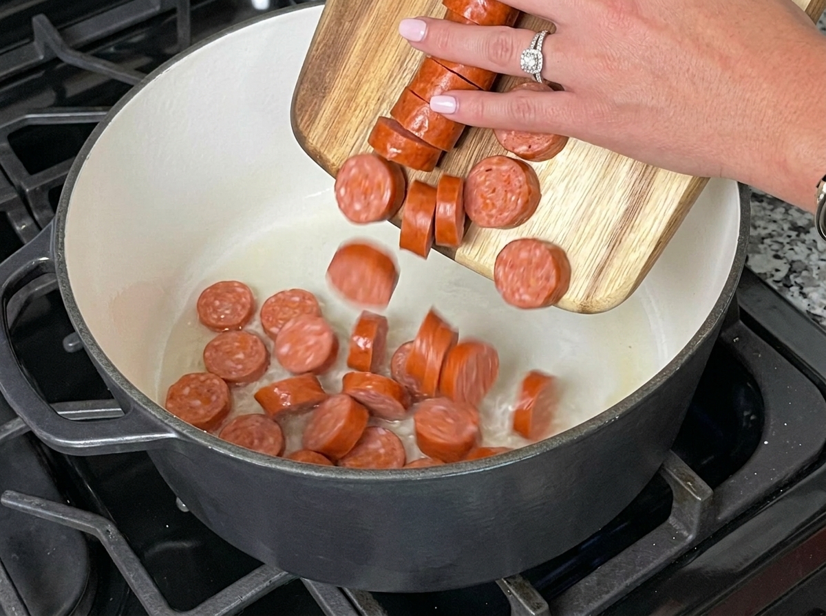 Pokrojona kiełbasa andouille wsypywana z drewnianej deski do rozgrzanego garnka z roztopionym tłuszczem.
