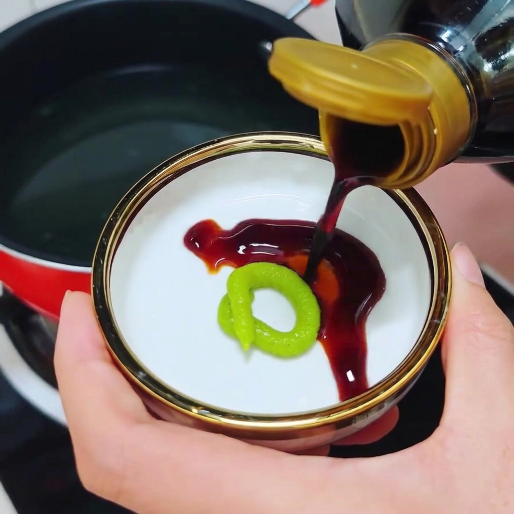 Ciemny sos sojowy lejący się z butelki na mały spodek obok zielonego pierścienia wasabi.