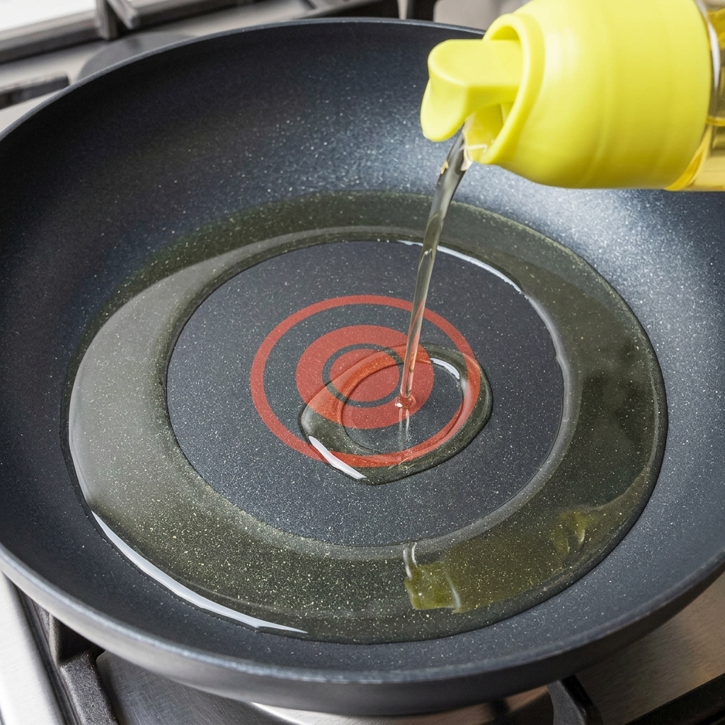 Olej wlewany z plastikowej butelki z żółtą nakrętką na rozgrzaną patelnię z płaskim dnem.