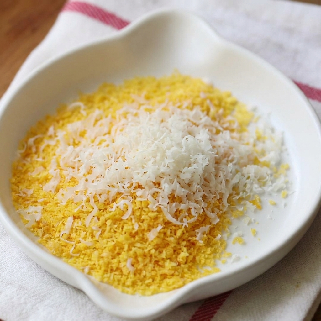 Małe białe naczynie zawierające mieszaninę żółtej bułki tartej i drobno startego białego sera Parmezan.