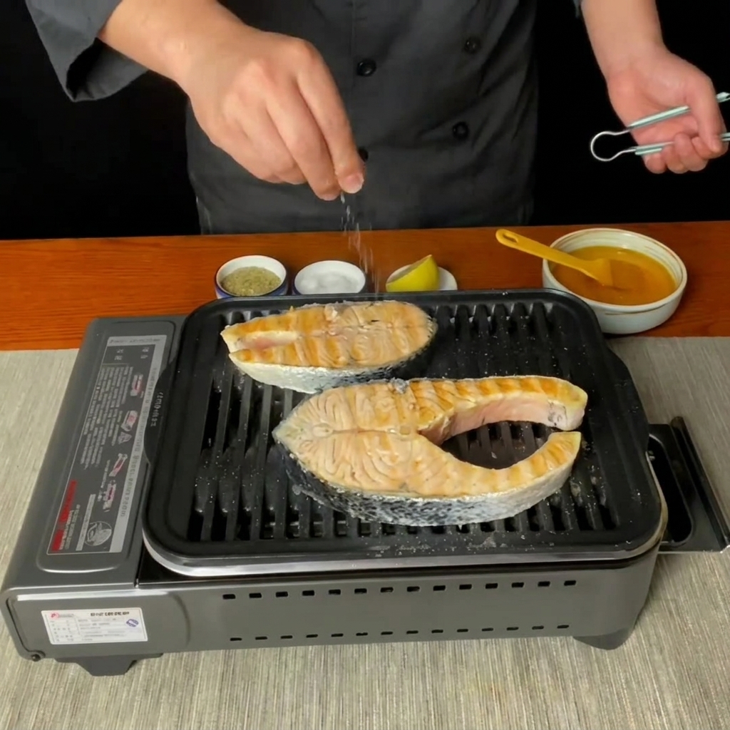 Sól sypana z góry na steki z łososia smażące się na grillu.