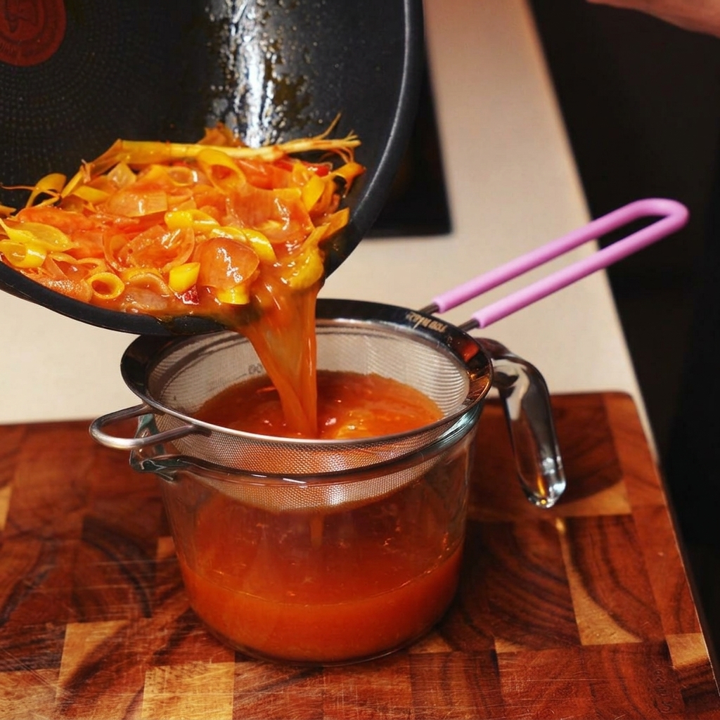 Pokrojone w kostkę czerwone pomidory i pieczarki wsypywane na patelnię wypełnioną aromatycznym bulionem.