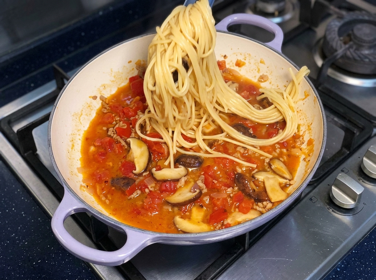 Szczypce unoszące porcję ugotowanego makaronu spaghetti wysoko nad patelnią wypełnioną bulgoczącym czerwonym sosem pomidorowym.