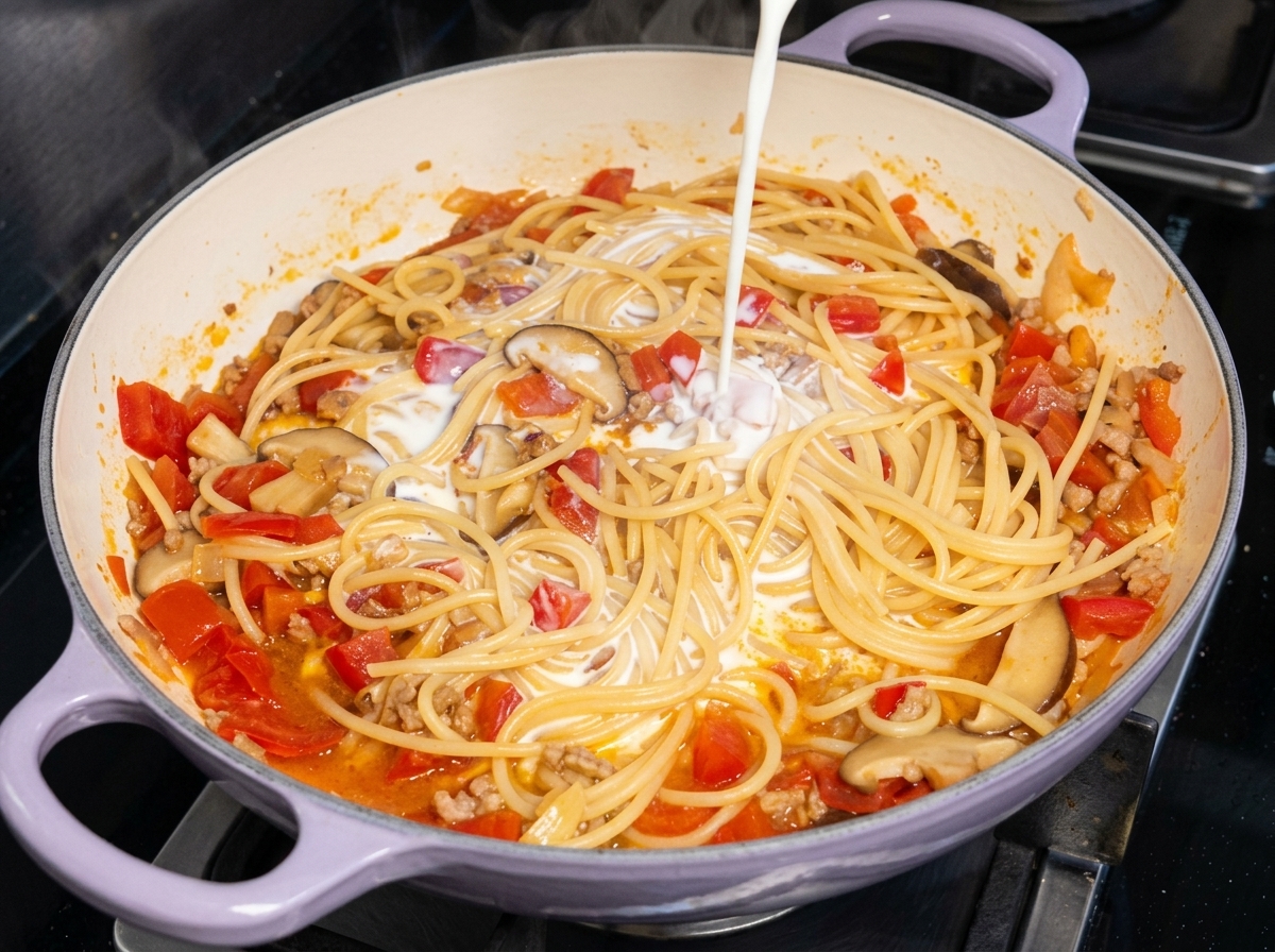Strumień białego mleka lub śmietanki wlewany w środek patelni wypełnionej ugotowanym spaghetti i sosem pomidorowym.