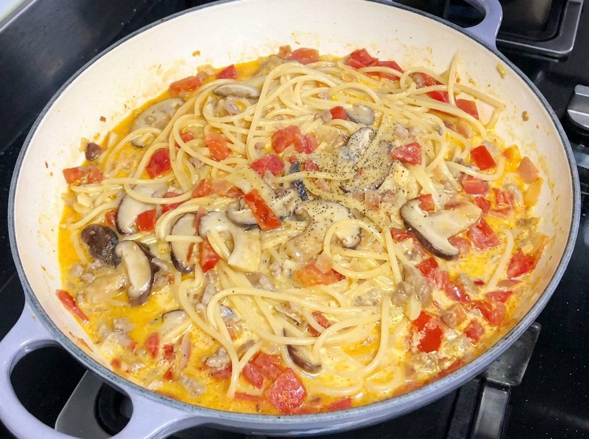 Kremowe spaghetti wymieszane z pomidorami i grzybami na patelni, posypane świeżo mielonym czarnym pieprzem.