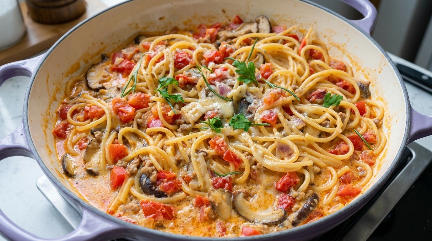 Kremowe Spaghetti z Pomidorami i Grzybami Shiitake