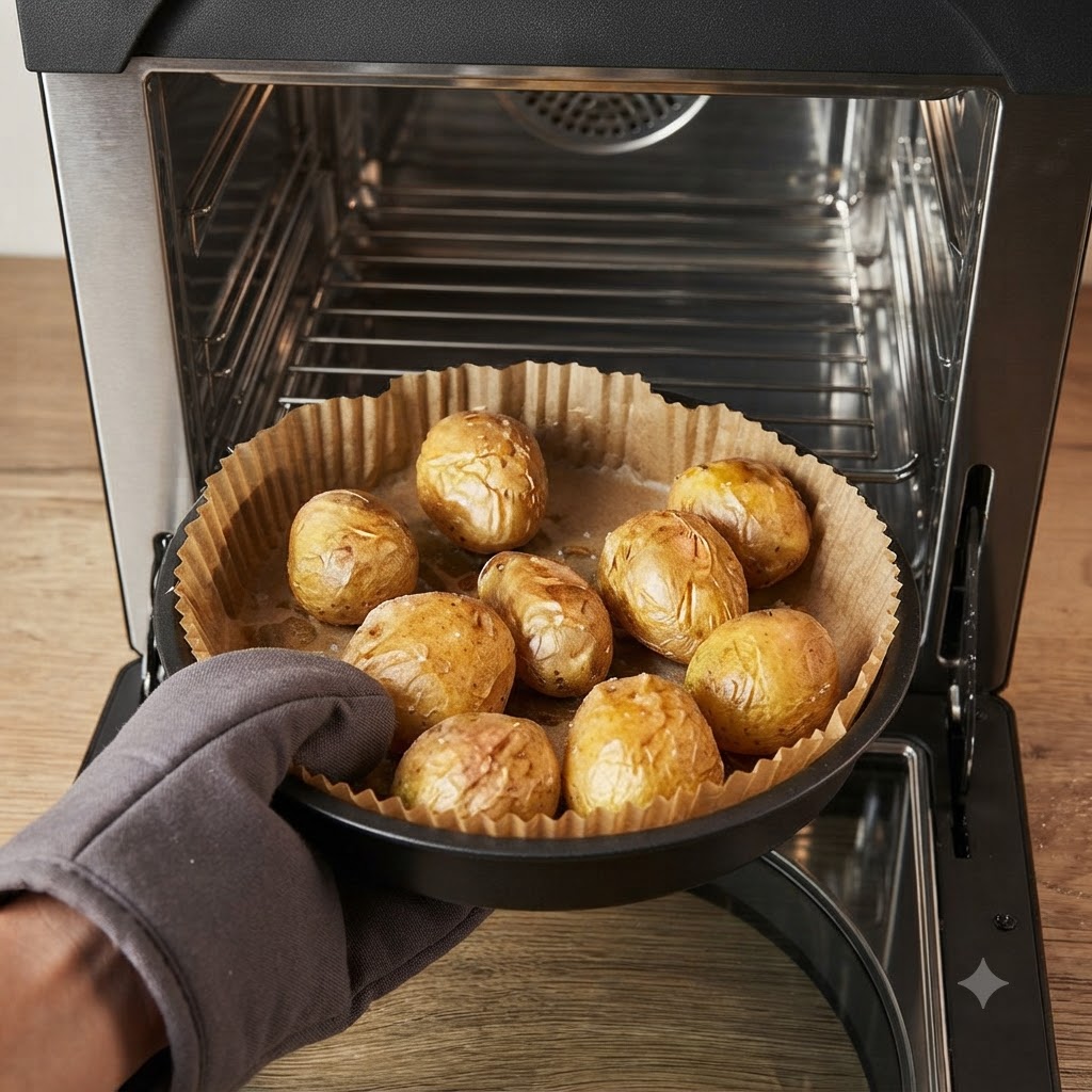 Dłoń w rękawici kuchennej trzymająca formę z upieczonymi ziemniakami, pokazująca ich spłaszczanie.