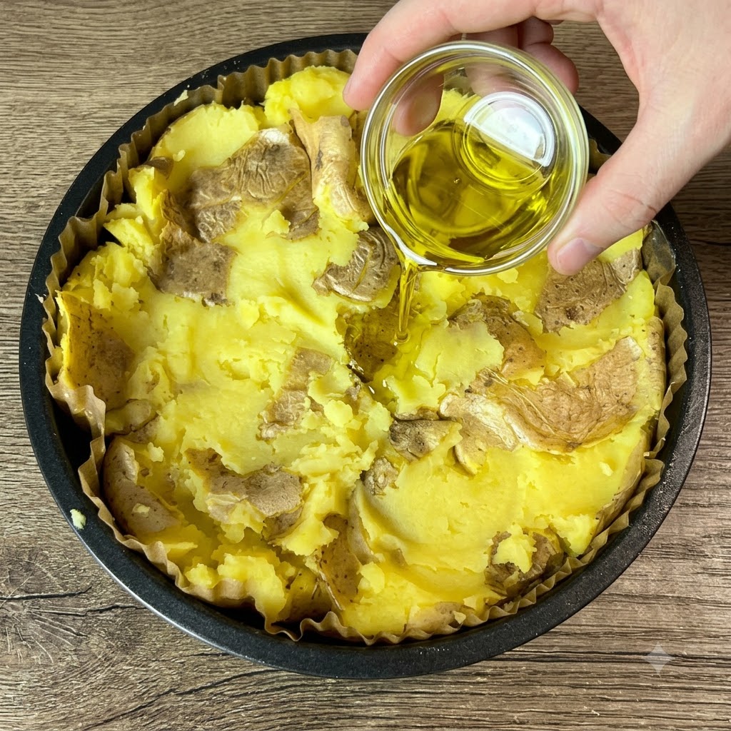 Oliwa z oliwek wlewana z małej szklanej miseczki na powierzchnię rozgniecionych ziemniaków w formie do pieczenia.