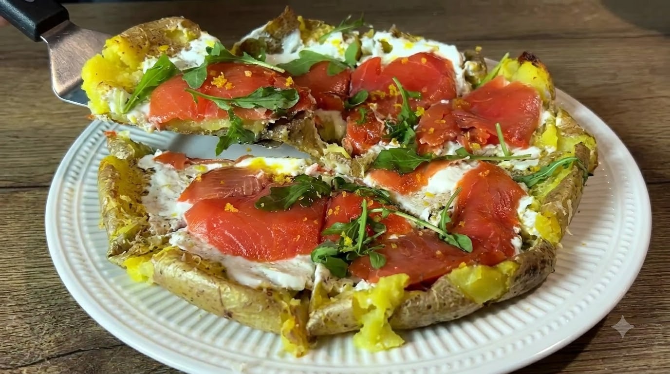 Kawałek rustykalnej pizzy na spodzie ziemniaczanym z wędzonym łososiem, białym sosem śmietanowym i świeżą zieleniną.