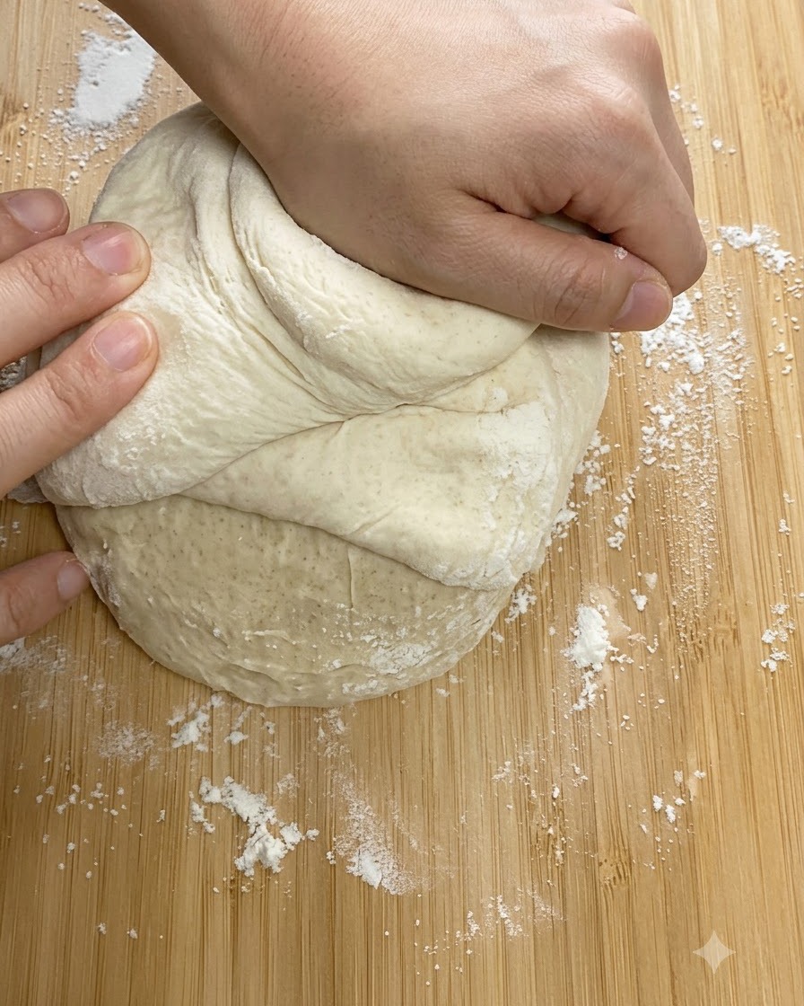 Ręce mocno zagniatające kulę ciasta na pizzę na drewnianej desce do krojenia.