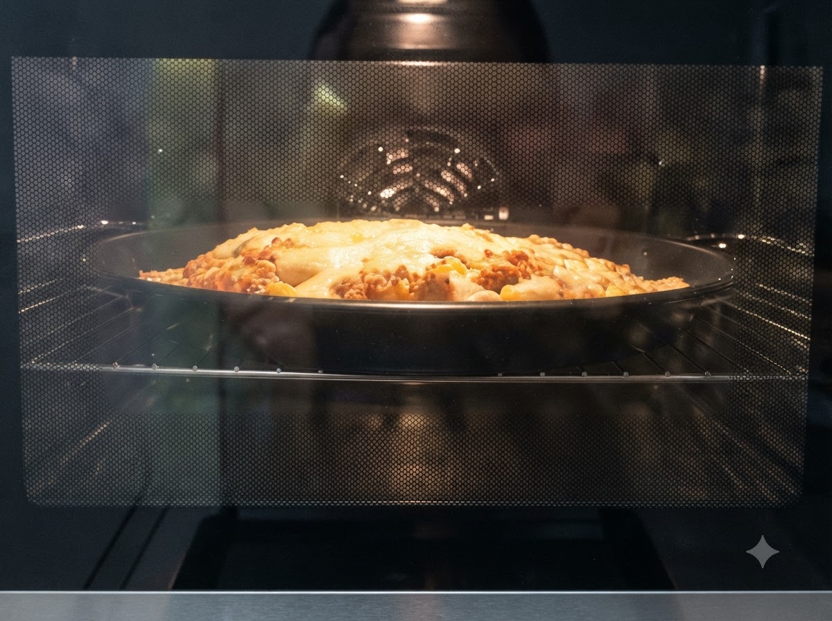 Pizza piekąca się we wnętrzu piekarnika z zapalonym światłem wewnętrznym, pokazująca topiący się i bąbelkujący ser.