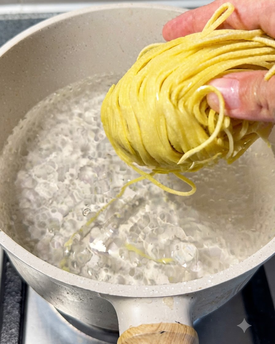 Makaron ramen gotujący się w garnku z wodą, podnoszony pałeczkami w celu sprawdzenia twardości.