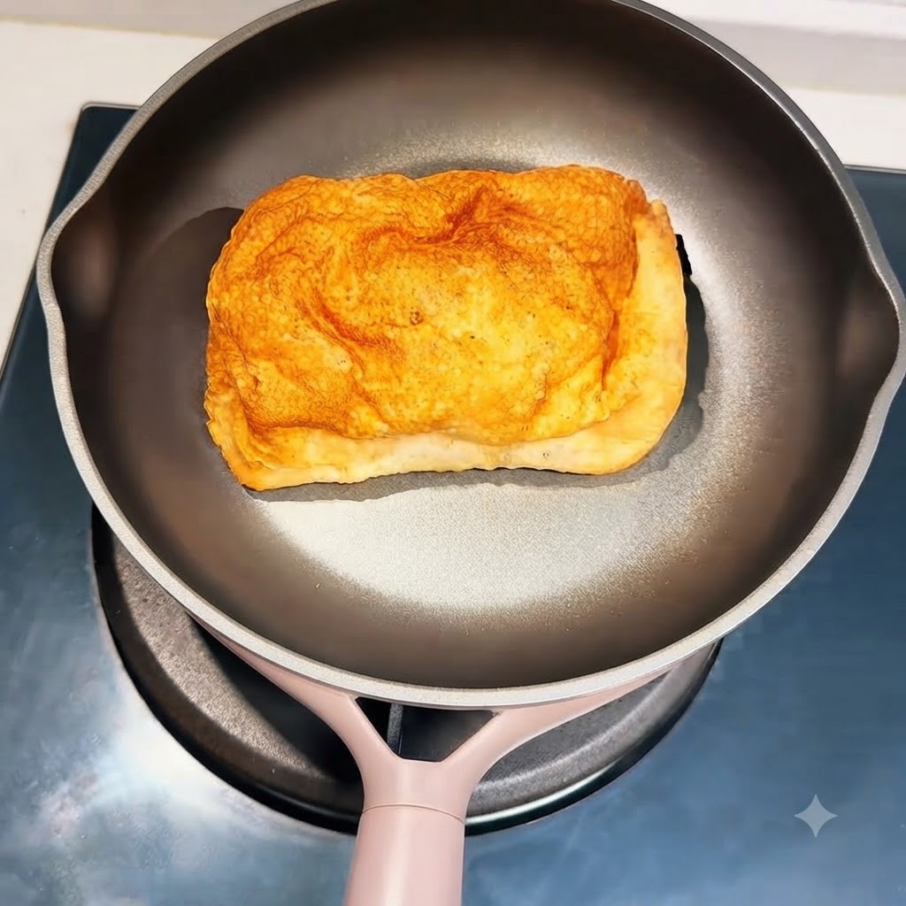 Kawałek chleba ciabatta leżący na patelni na płycie grzewczej.