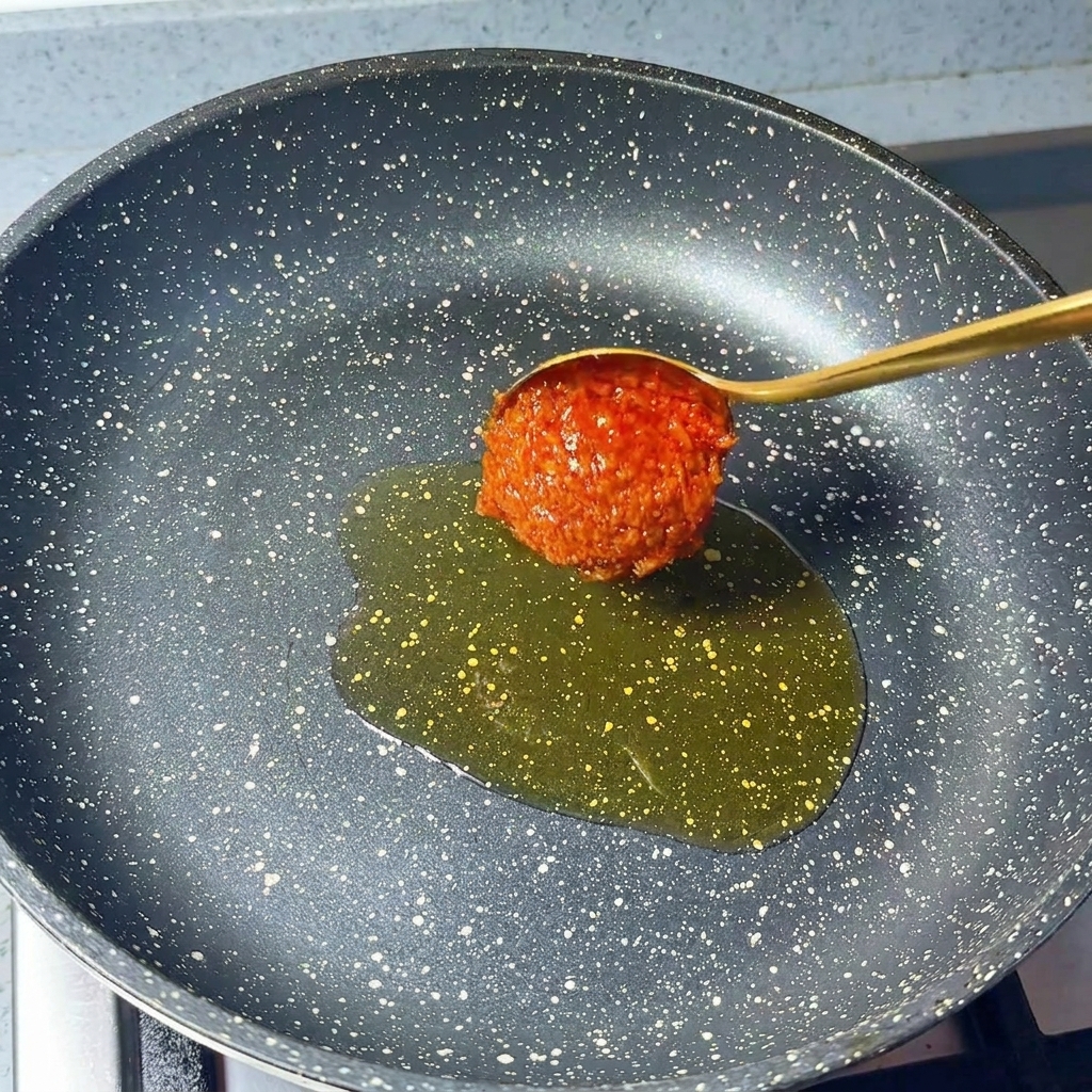 Łyżka z chili w proszku i posiekanym czosnkiem nad patelnią z olejem sezamowym.