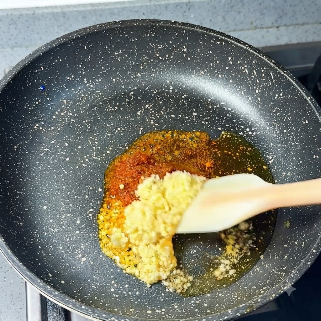 Posiekany czosnek i chili w proszku mieszane z olejem sezamowym na patelni za pomocą szpatułki.