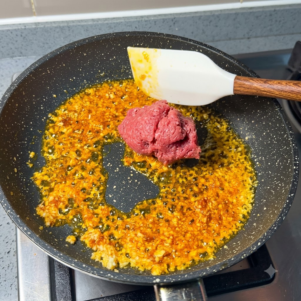 Porcja surowej mielonej wieprzowiny kładziona na patelnię z czosnkiem i olejem chili.