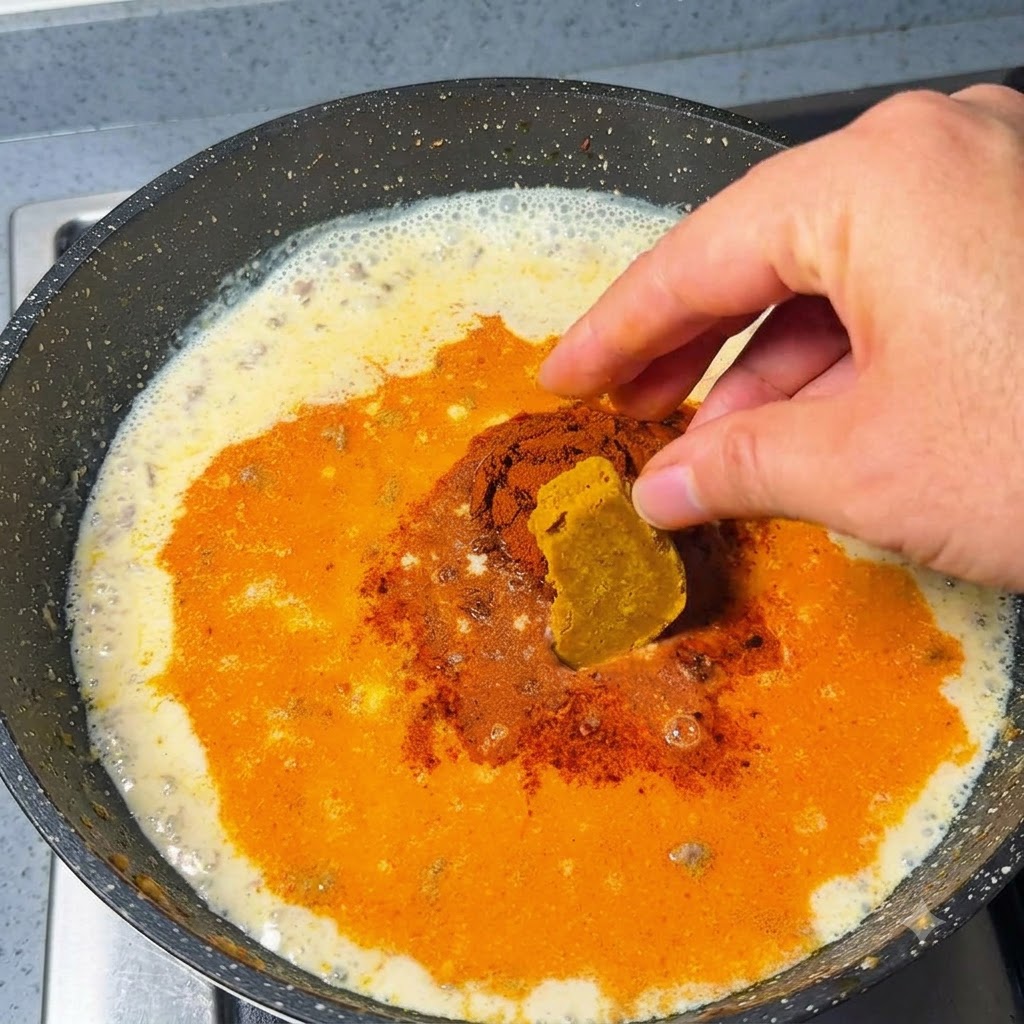 Dłoń kładąca kostki i proszek curry na gotujący się płyn na patelni.