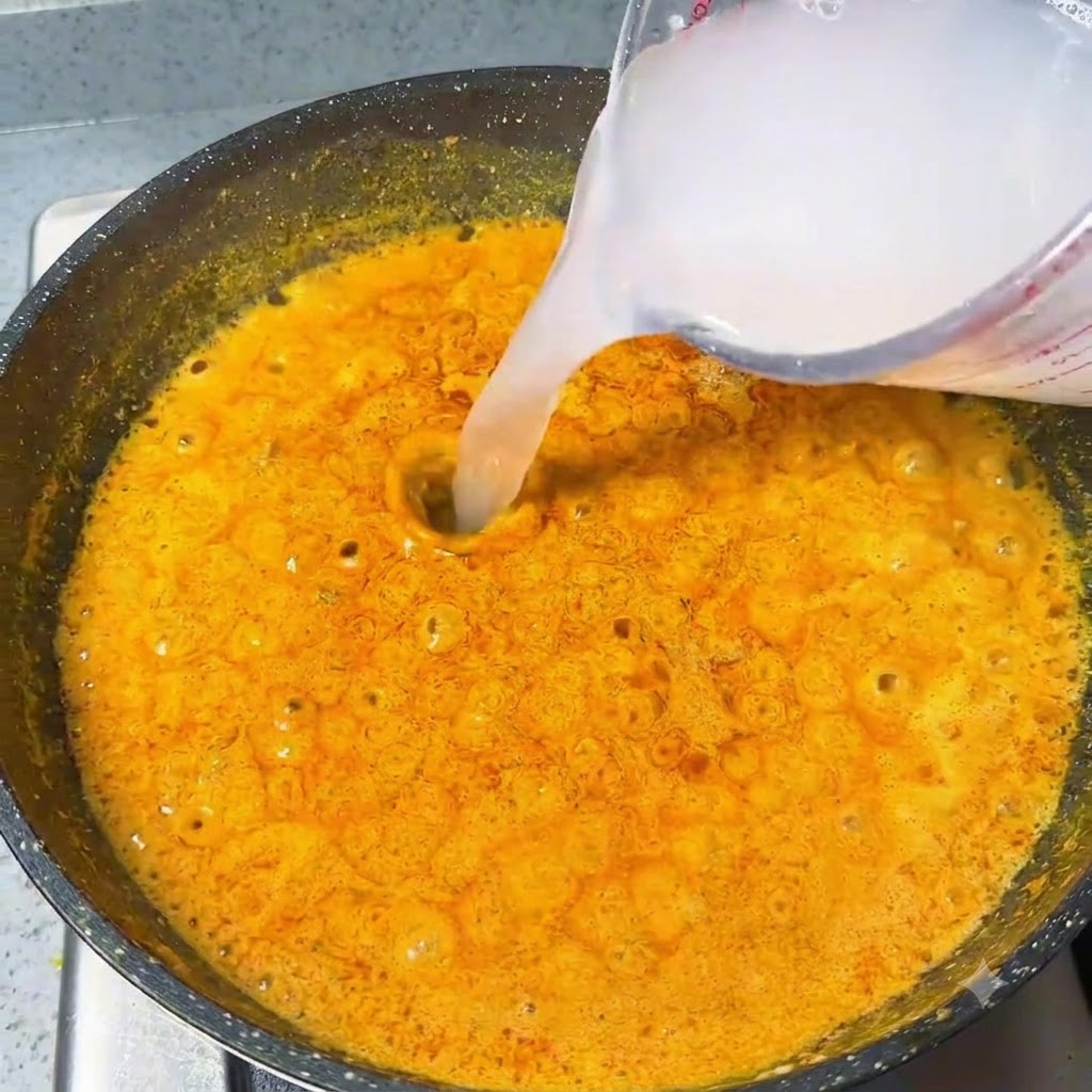 Woda wlewana z miarki do wrzącego, pomarańczowego sosu curry.