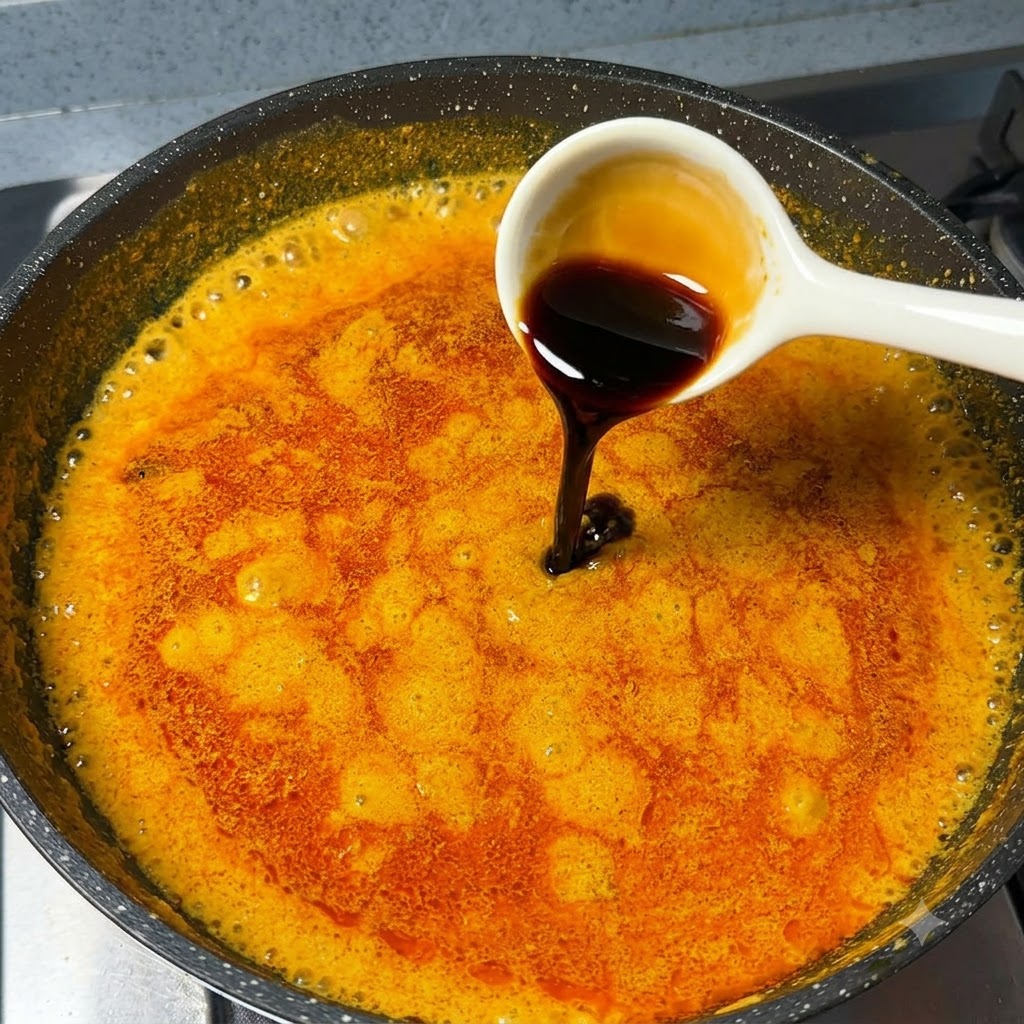 Sos sojowy wlewany z białej łyżki do gotującego się pomarańczowego sosu curry.