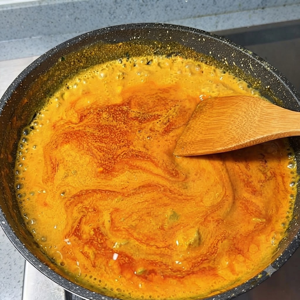 Gęstniejący japoński sos curry bulgoczący na patelni, mieszany drewnianą szpatułką.