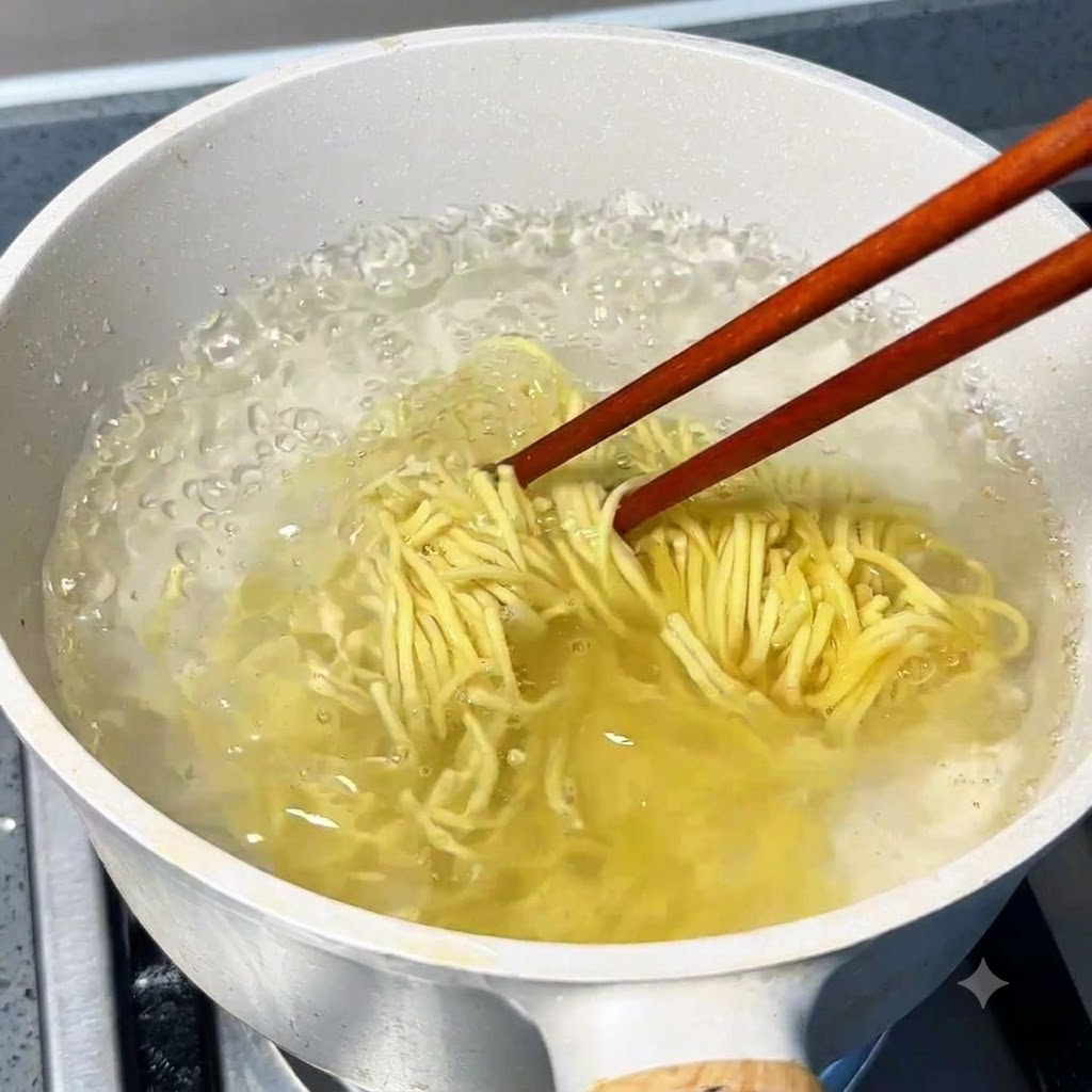 Japoński makaron ramen gotujący się w garnku z wrzątkiem, rozdzielany drewnianymi pałeczkami.