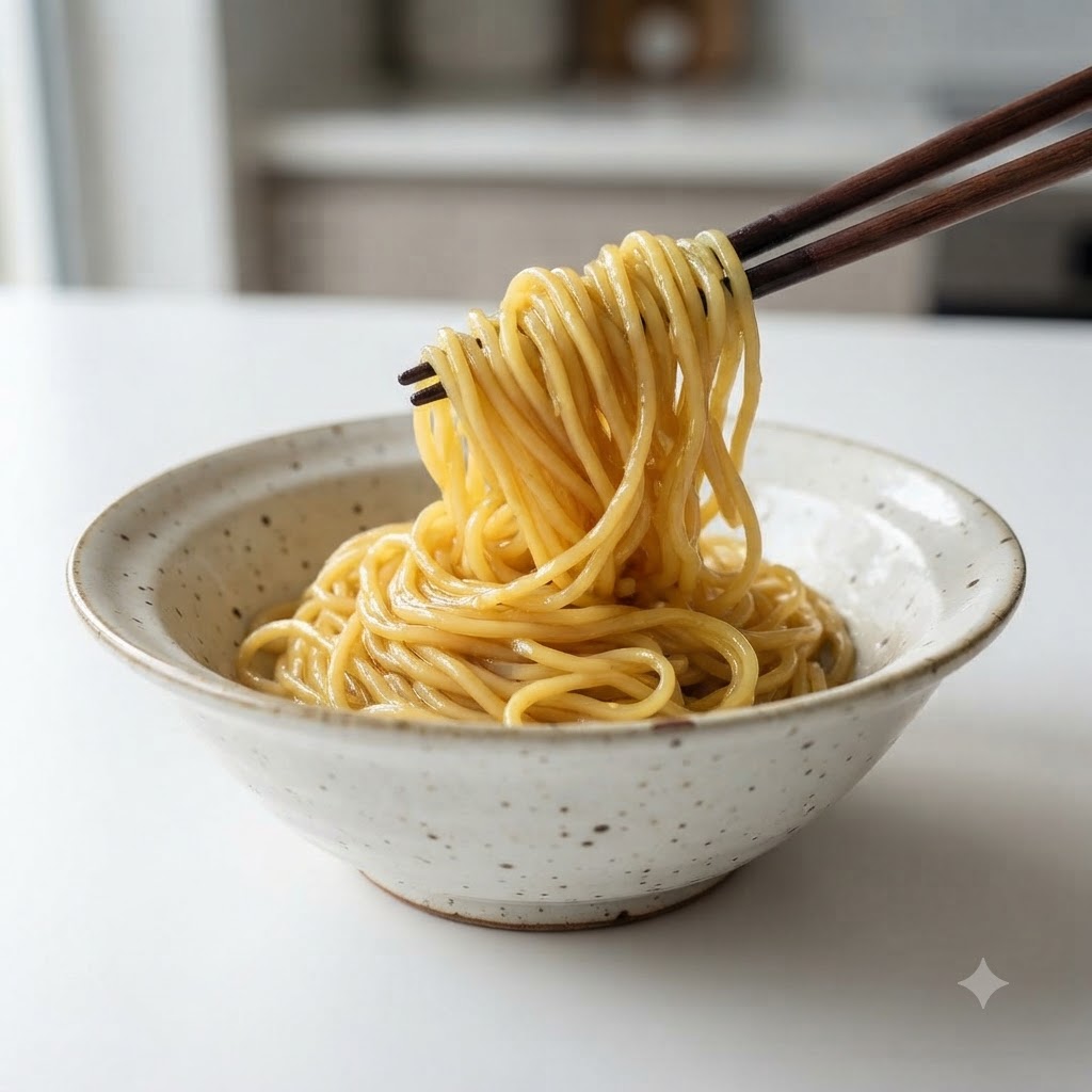 Ugotowany makaron ramen unoszony pałeczkami i wkładany do ceramicznej miski.