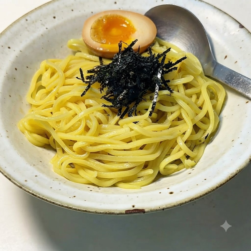 Przekrojone na pół jajko na miękko umieszczane na przyozdobionym makaronie ramen.