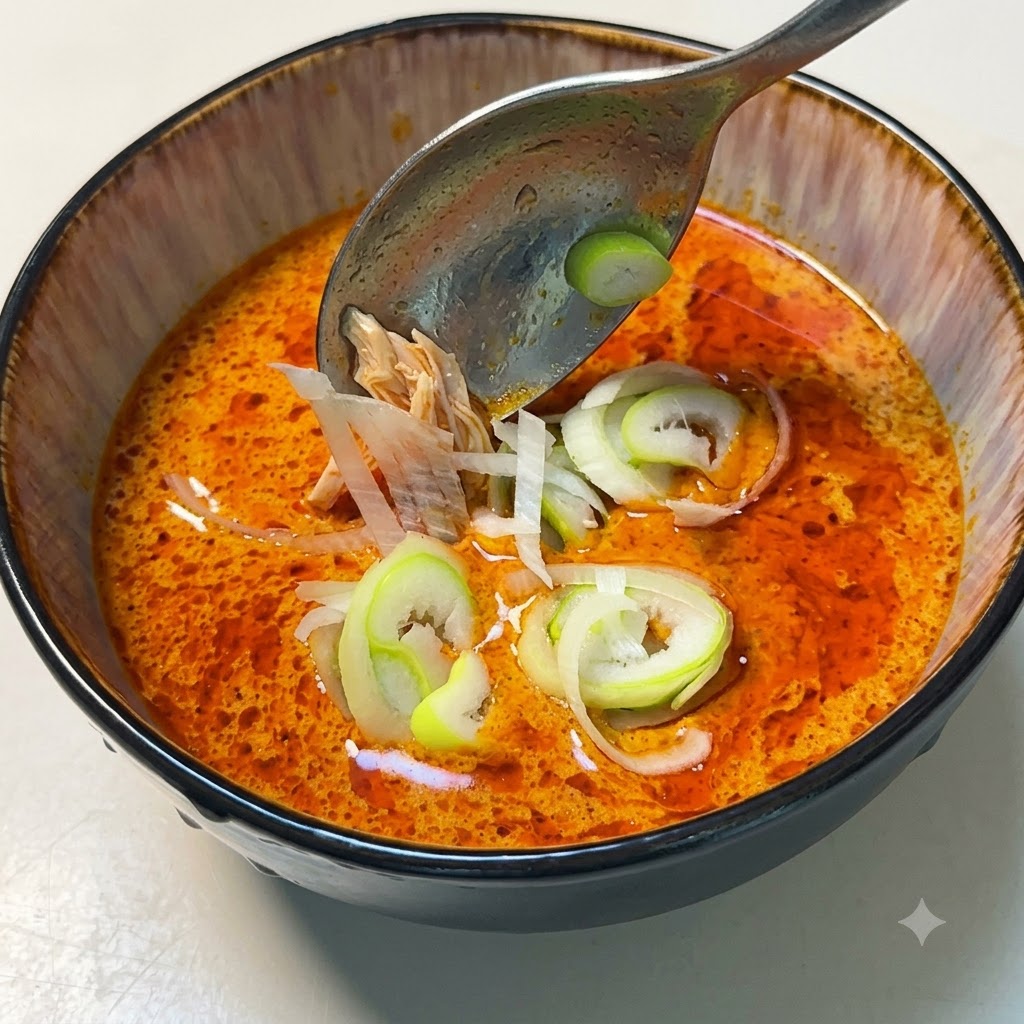 Świeżo posiekany szczypiorek wrzucany do miski z ciepłym, korzennym japońskim sosem curry.