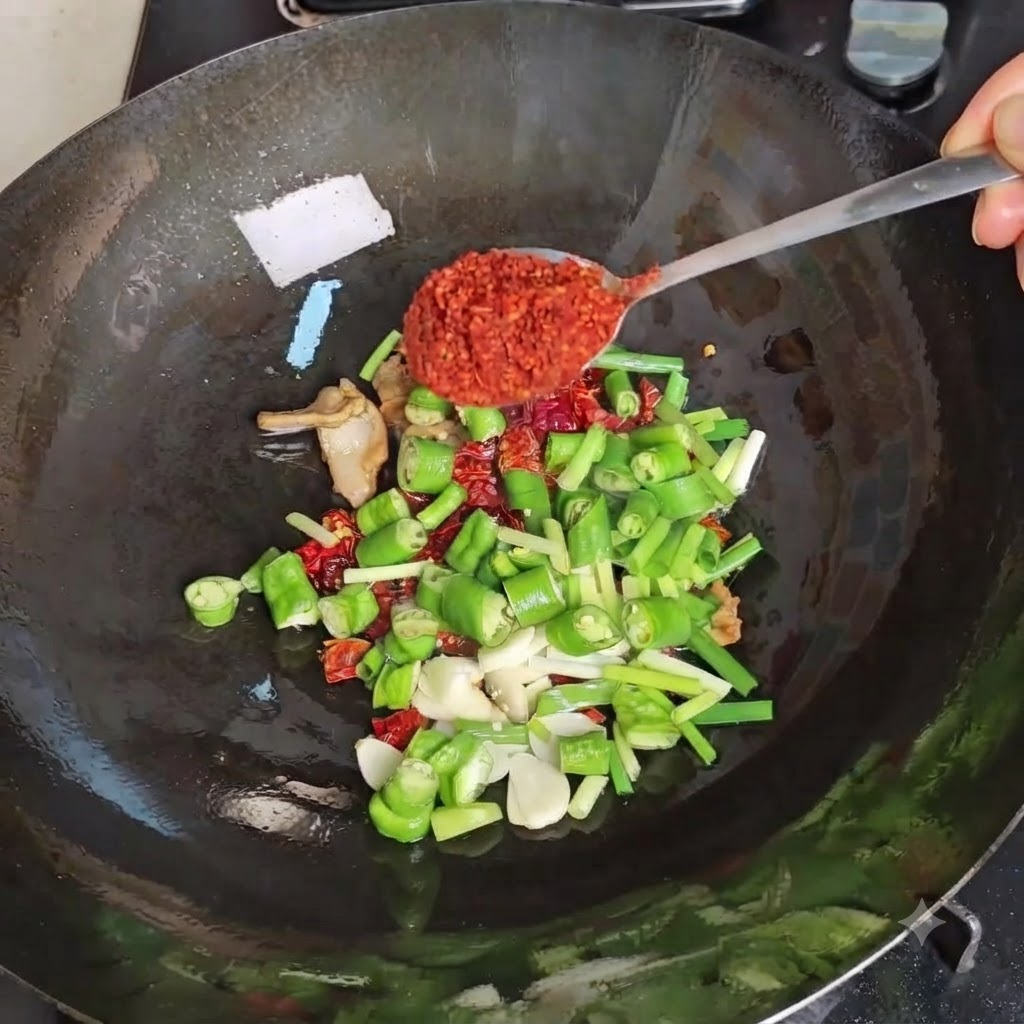 Łyżka jasnoczerwonej papryki chili w proszku wsypywana do doprawionego woka zawierającego pokrojone zielone chili i inne aromaty.