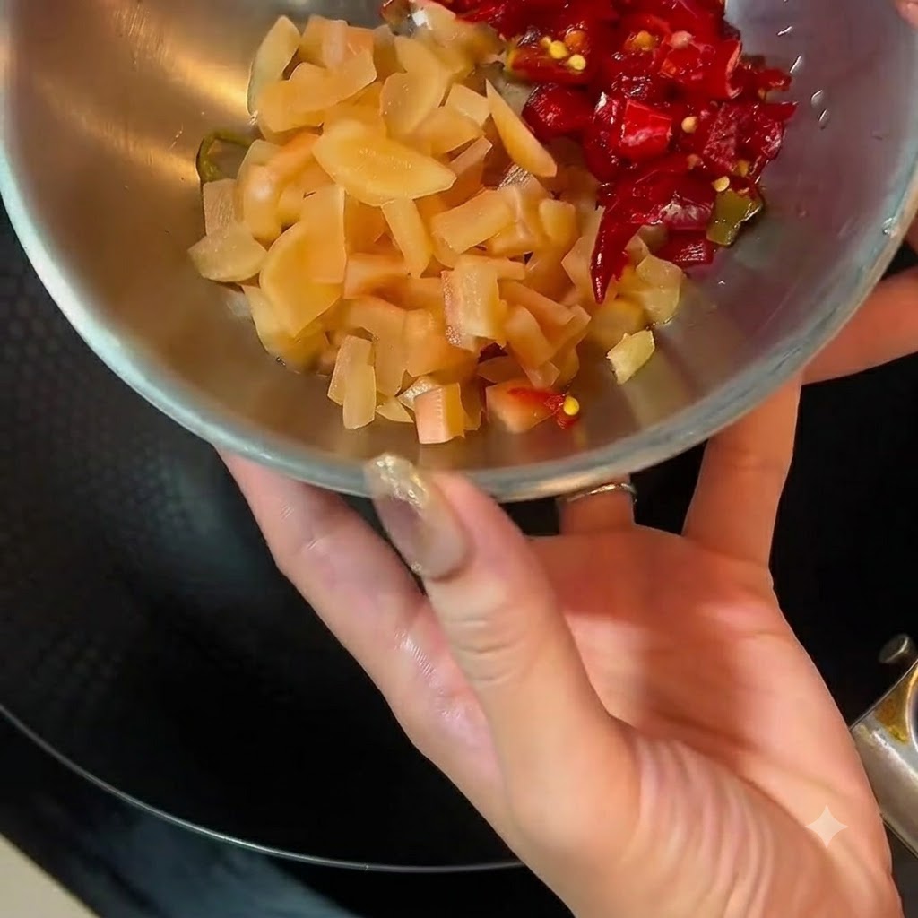 Metalowa miska wypełniona posiekaną kiszoną rzodkwią i czerwonymi chili umieszczona nad wokiem.
