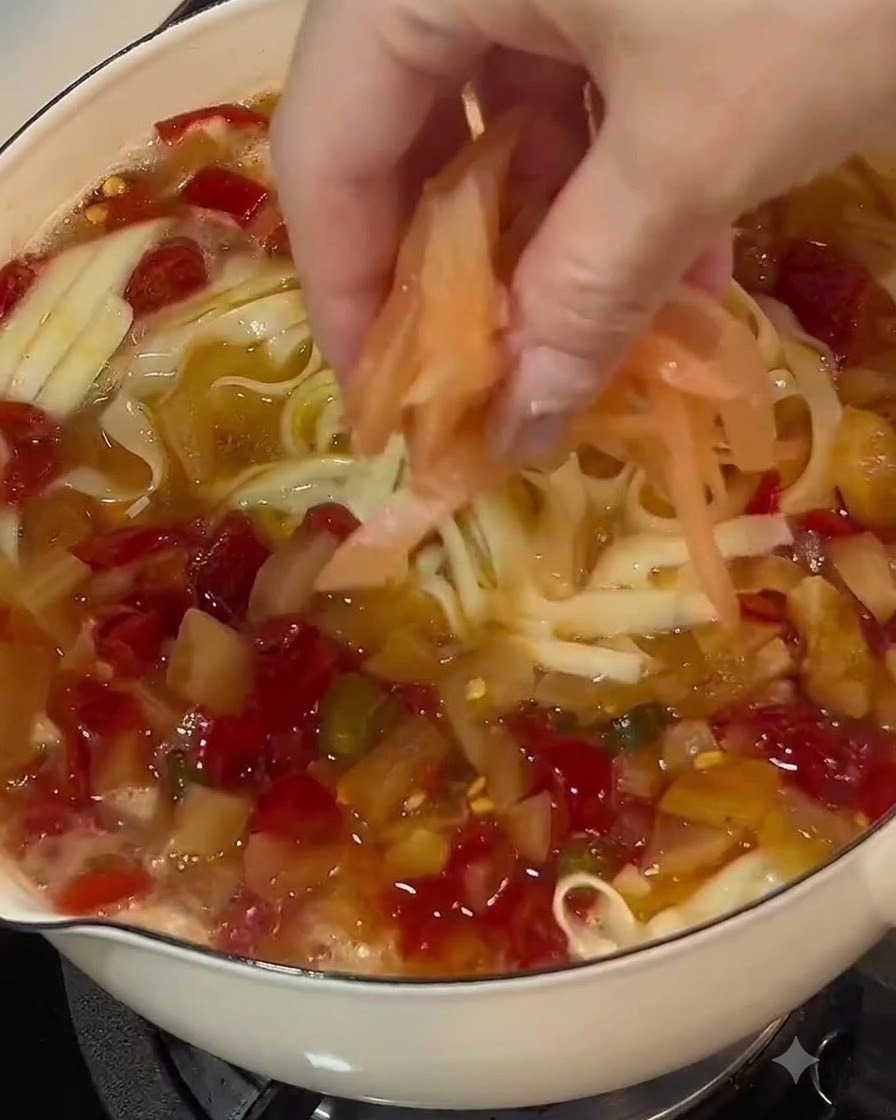 Paski kiszonej rzodkwi rozsypywane na wierzchu garnka z makaronem i bulionem.