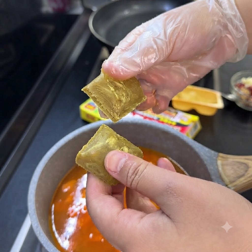 Dwie kostki curry wrzucane do gotującego się garnka z warzywami i bulionem.