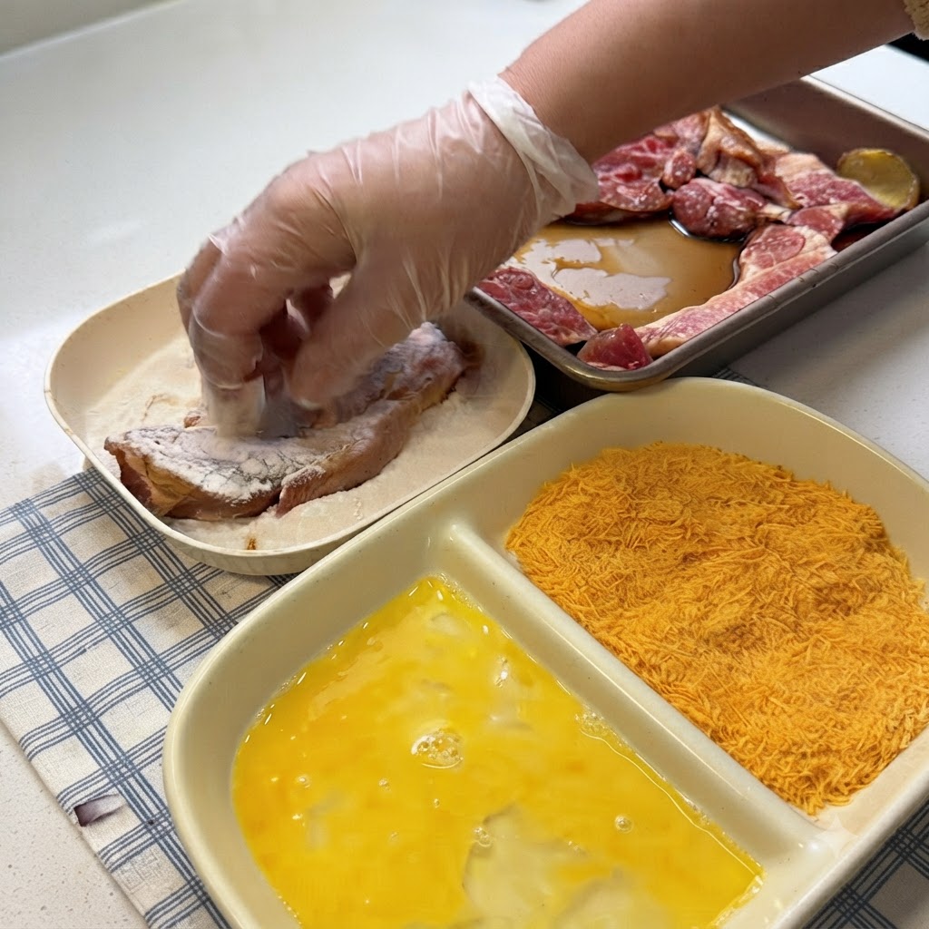 Osoba w rękawiczkach panierująca kawałek mięsa w mące obok miseczek z jajkiem i bułką tartą.