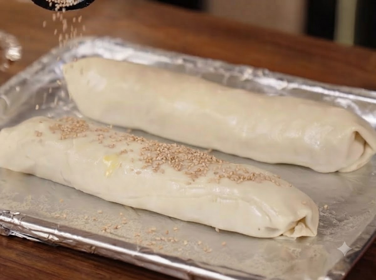 Dwa zwinięte rulony ciasta leżące na srebrnej blasze do pieczenia z nasionami sezamu posypywanymi na ich wierzch.
