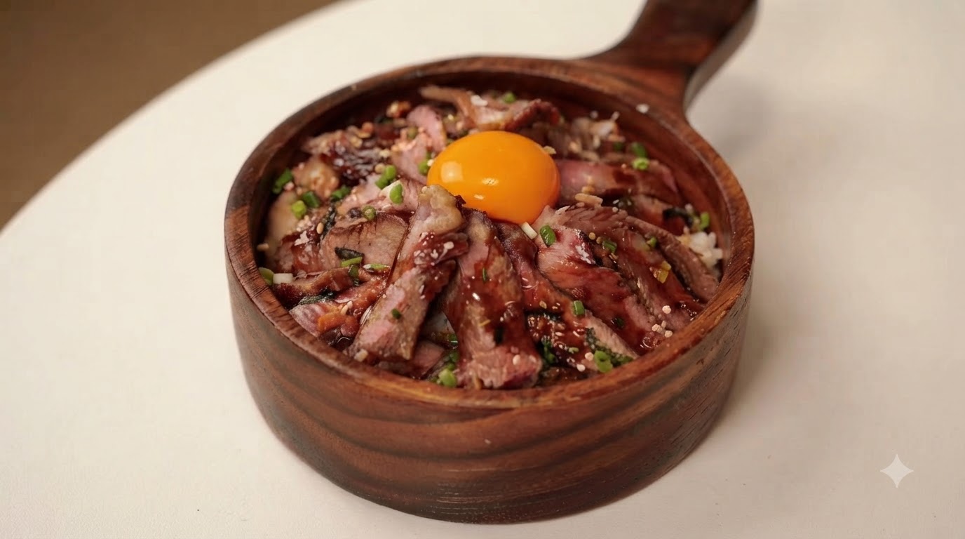 Rustykalna drewniana miska wypełniona japońskim donburi z wołowiną, posypana świeżą zieloną cebulką i ozdobiona żywym żółtkiem.