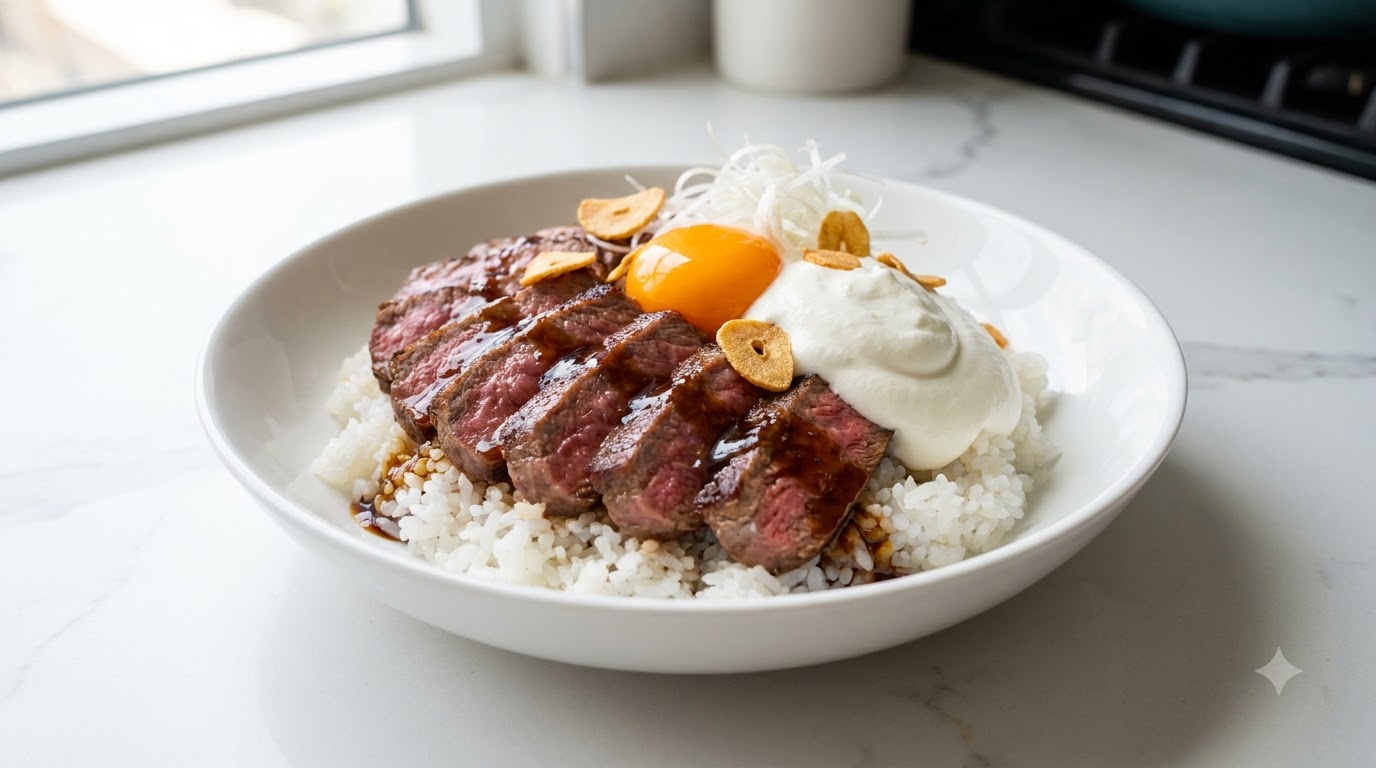 Miseczka ryżu z steku Shibuya, bitej śmietany i sosem teriyaki