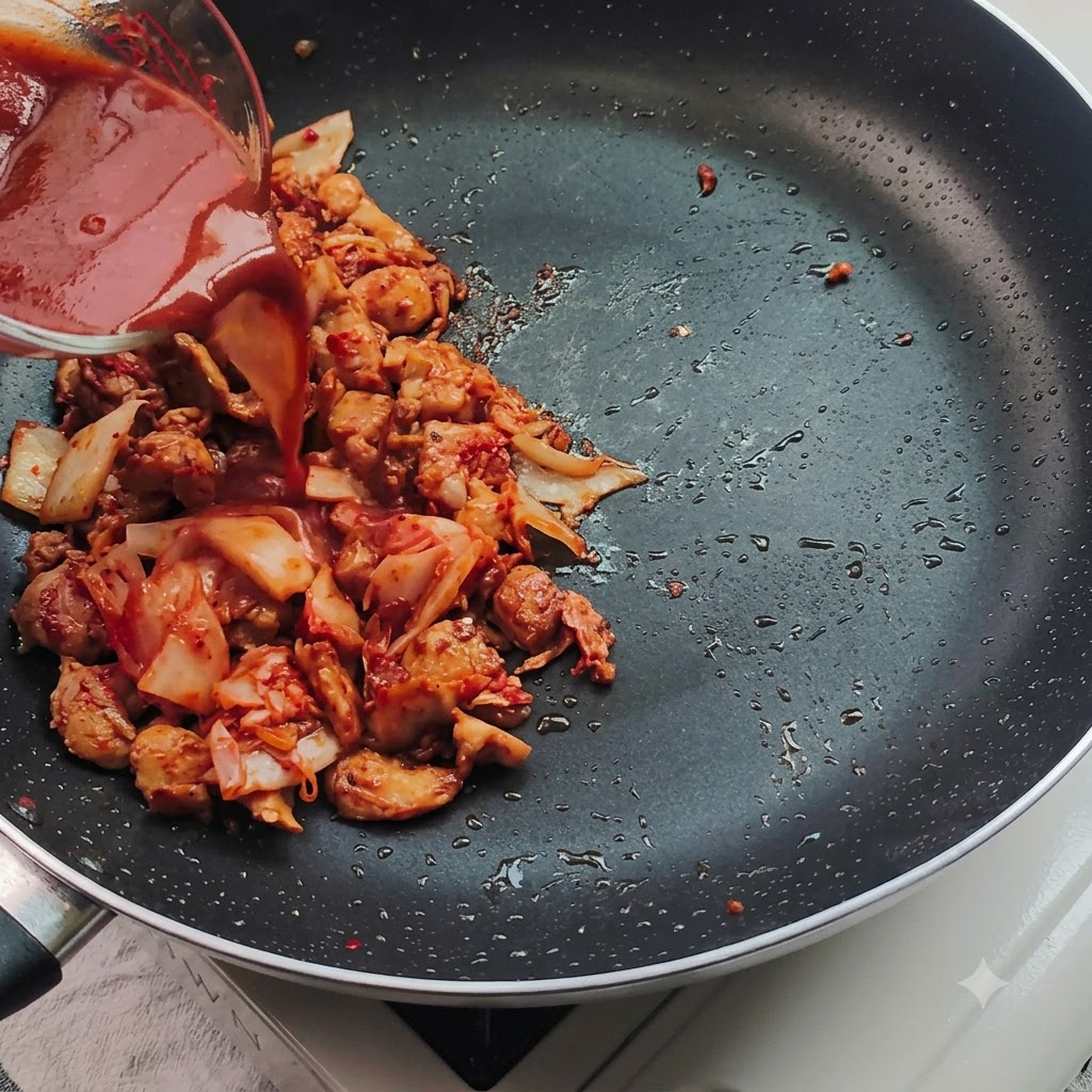 Czerwony sos wlewany ze szklanej miarki na patelnię z kurczakiem i posiekanym kimchi.