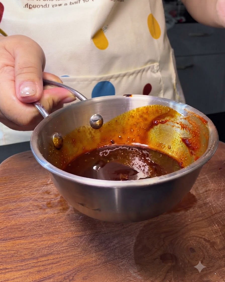 Mała metalowa miseczka wypełniona bogatą, ciemnoczerwoną koreańską pastą chili.