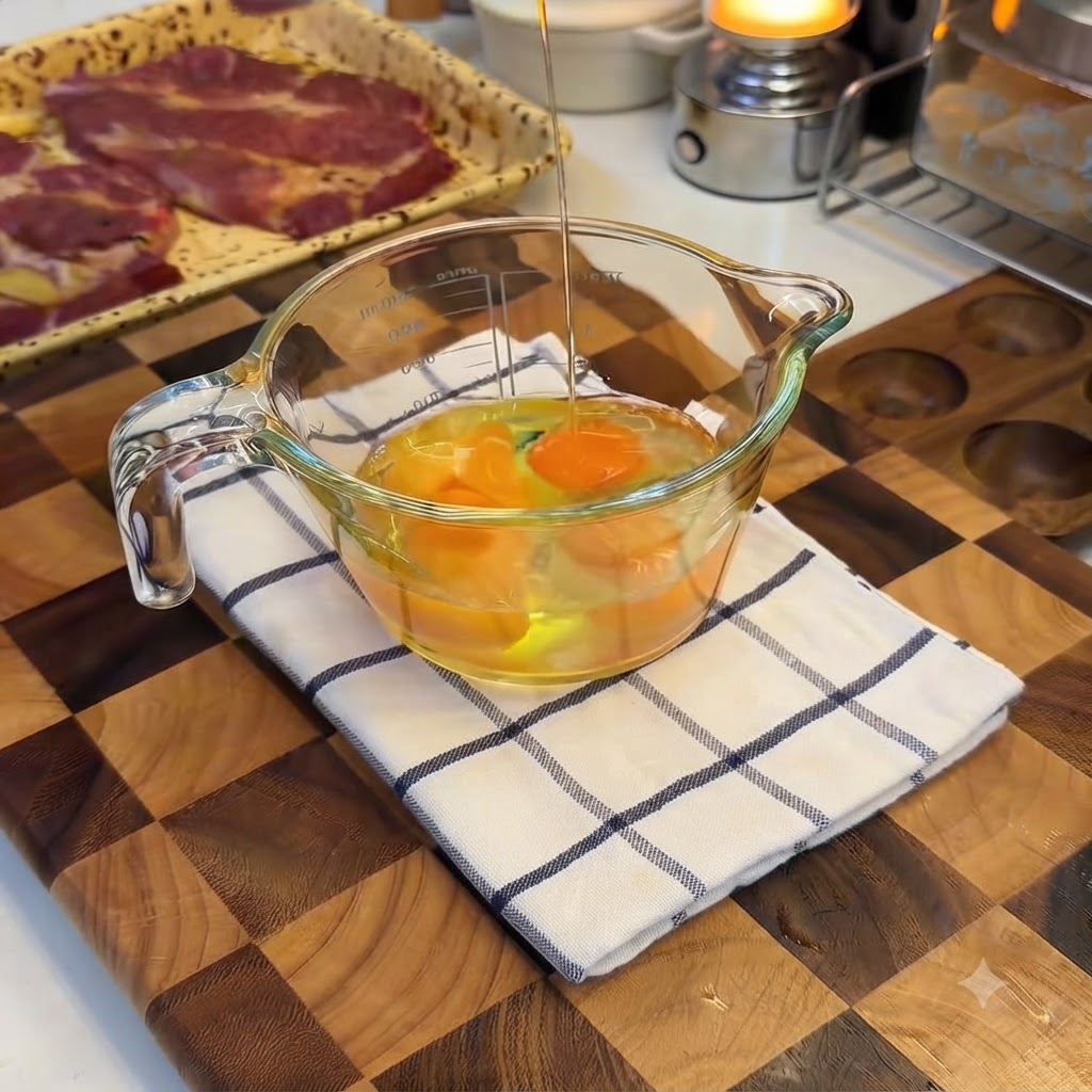 Mleko nalewane z góry do szklanego dzbanka wypełnionego surowymi jajkami.