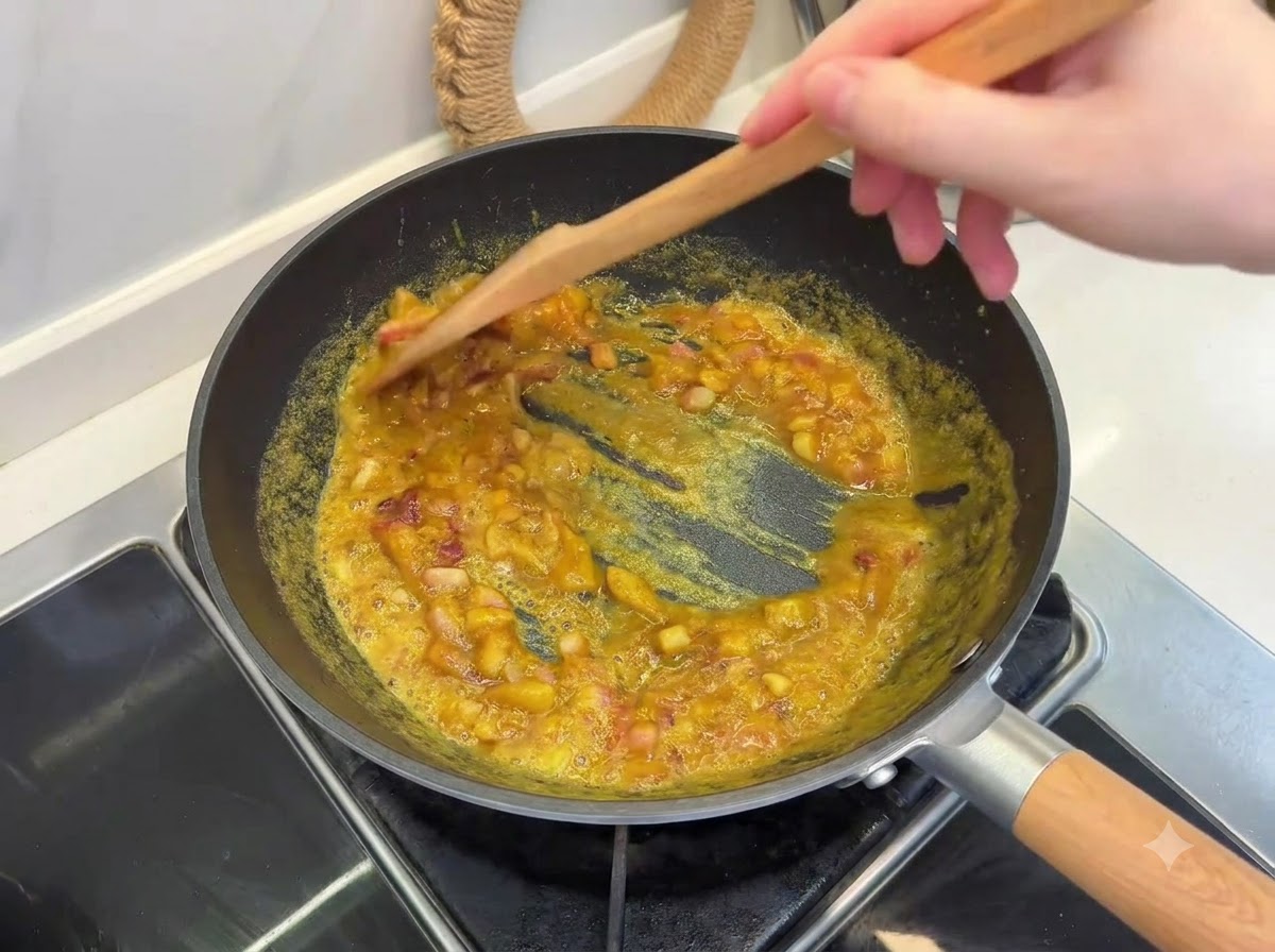 Drewniana łopatka mieszająca topiące się kostki roux curry z cebulą na patelni.