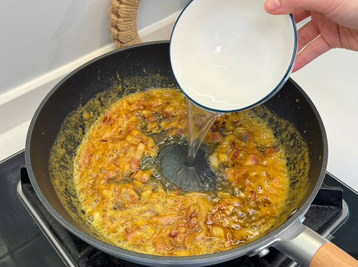 Czysta woda wlewana z małej białej miski do duszacego się sosu curry na patelni.