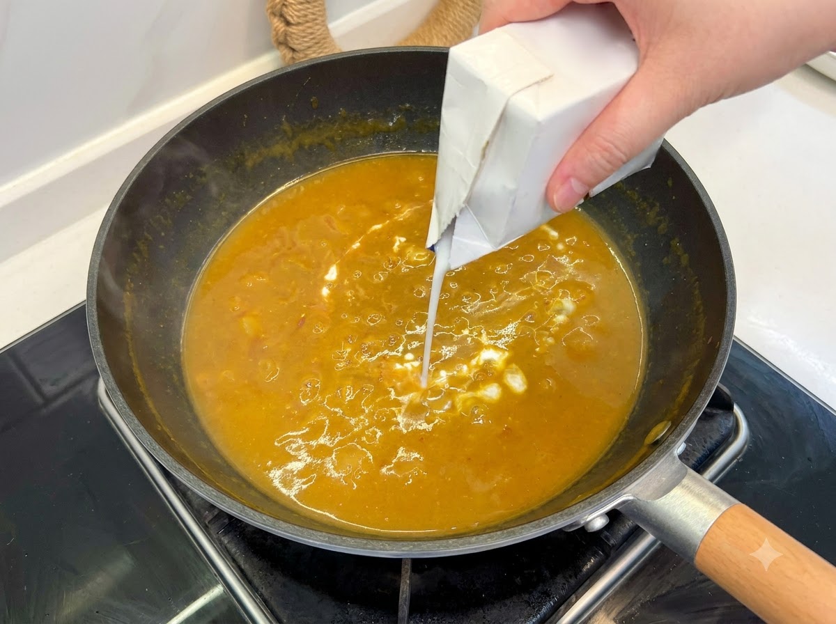 Białe mleczko kokosowe wlewanego z kartonika do bulgoczącego brązowego sosu curry.