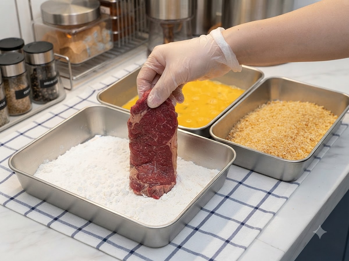 Ręka w rękawiczce trzymająca surowy kotlet wieprzowy i panierująca go w tacce z białą skrobią kukurydzianą.