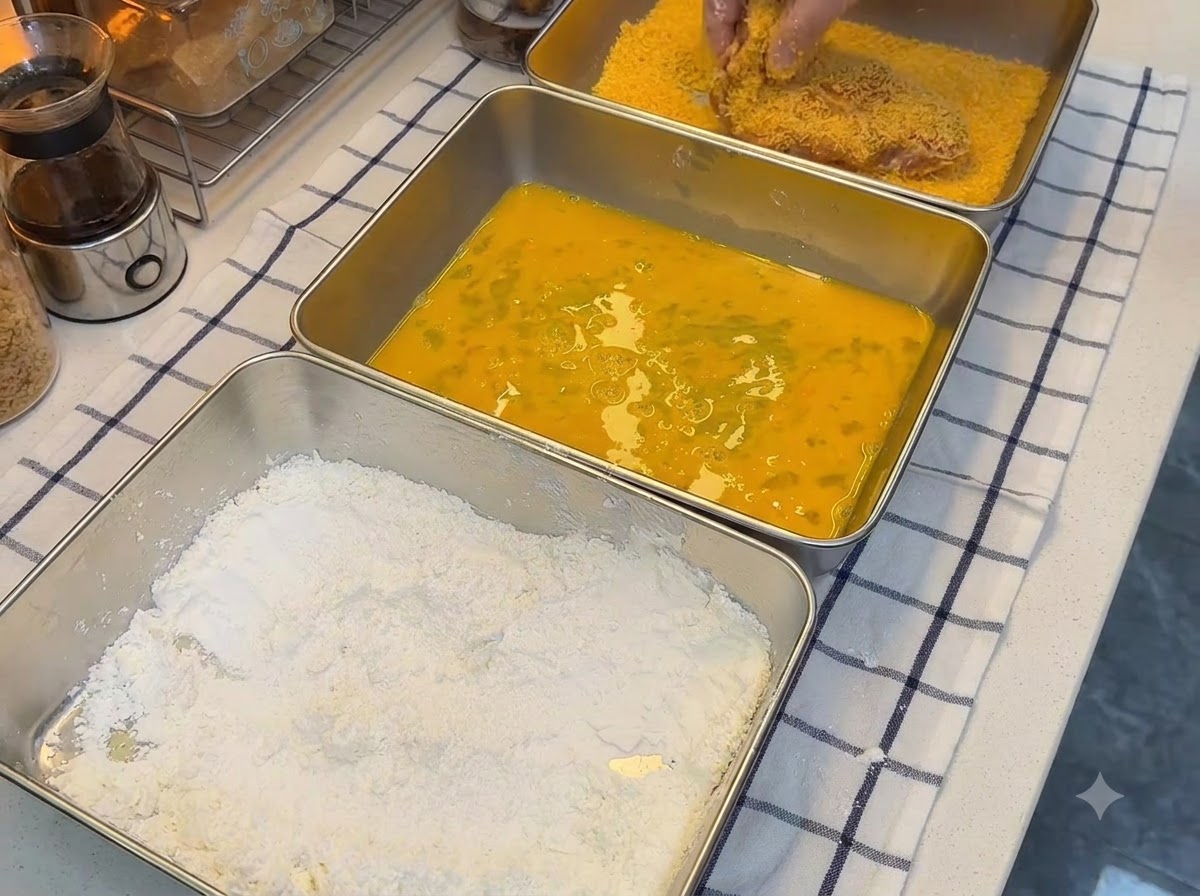 Pomarańczowa bułka tarta mocno dociskana do kotleta wieprzowego obok tacek z mąką i masą jajeczną.