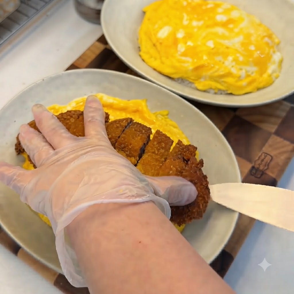 Ręka w rękawiczce układająca pokrojony, złocistobrązowy kotlet wieprzowy na kopczyku ryżu pokrytym żywym, żółtym omletem.