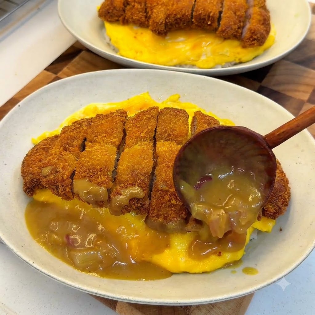 Drewniana chochla nalewająca gęsty, brązowy sos curry z cebulą wokół talerza ryżu otoczonego omletem i topped pokrojonym chrupiącym kotletem wieprzowym.
