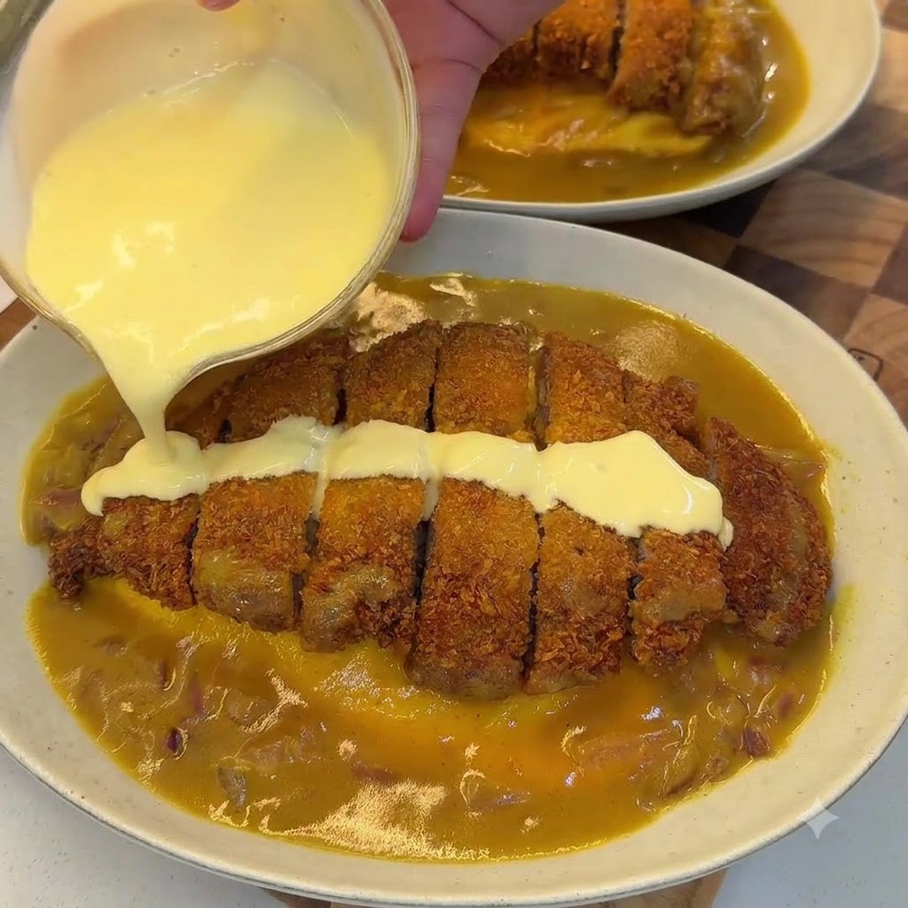 Miska ryżu z kotletem wieprzowym w curry kokosowym z polewanym na wierzch kremowym sosem kokosowo-serowym.